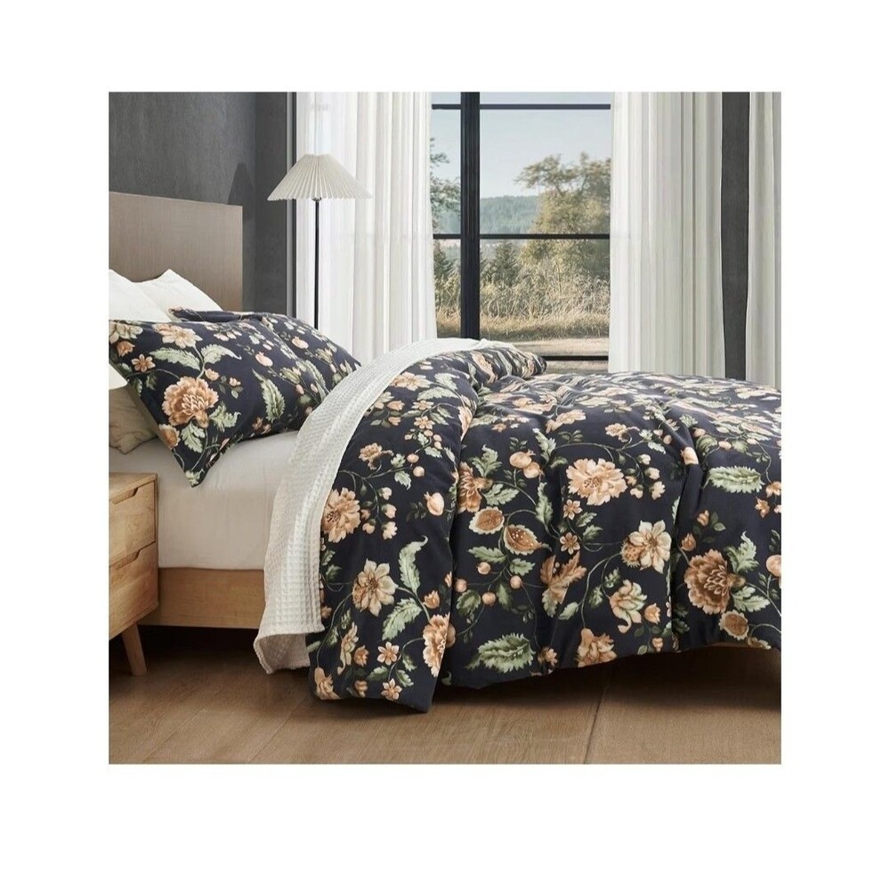 PHF 3 Pcs SET- Navy Blue Floral Velvet Comforter Cover And 2 Shams 90"×90"